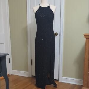 MARINA Black Sequin Halter Maxi Dress